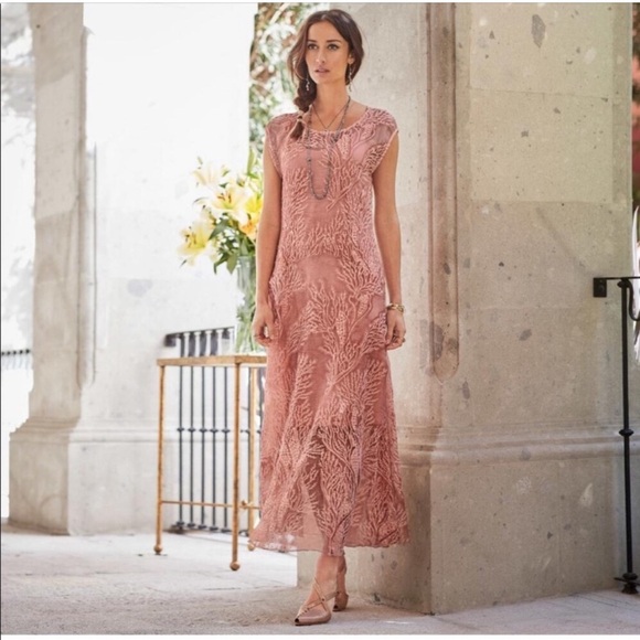 Sundance Dresses & Skirts - Sundance Silk Coral Embroidered Maxi Dress Gown Sz 10 Blush Pink Boho Wedding